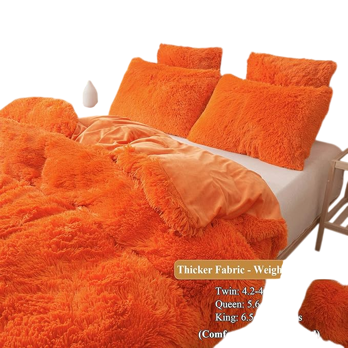 Plush Faux Fur Duvet Cover Queen Size, Luxury Shaggy Fluffy Orange Comforter Cover 1 PC,