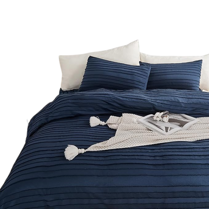 Duvet Cover Full Size, Navy 3 Pieces Boho Tufted Duvet Cover Set, Soft and Lightweight